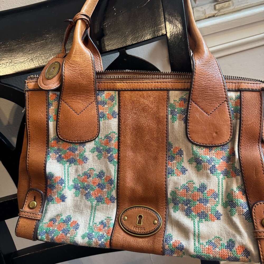 Vintage Fossil Floral Tapestry Leather Trim Satchel Bag Cottagecore Boho